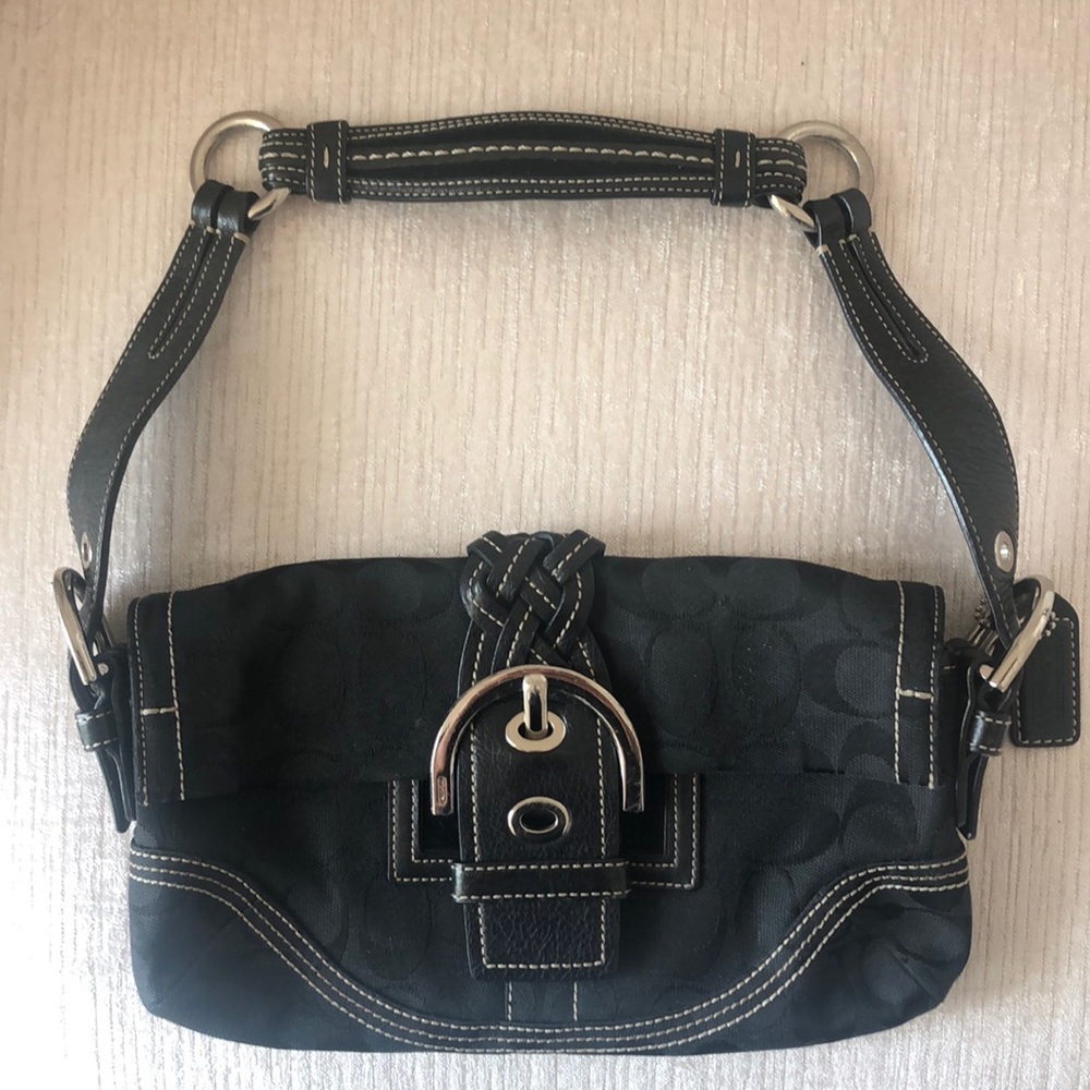 Coach blk silver, tan stitching purse. Authentic